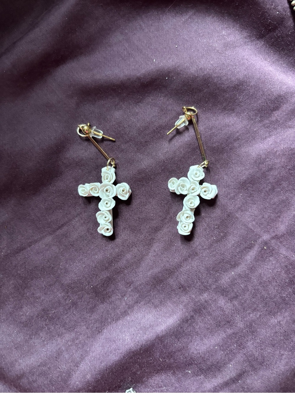 White Floral Cross Drop Earrings - Brand